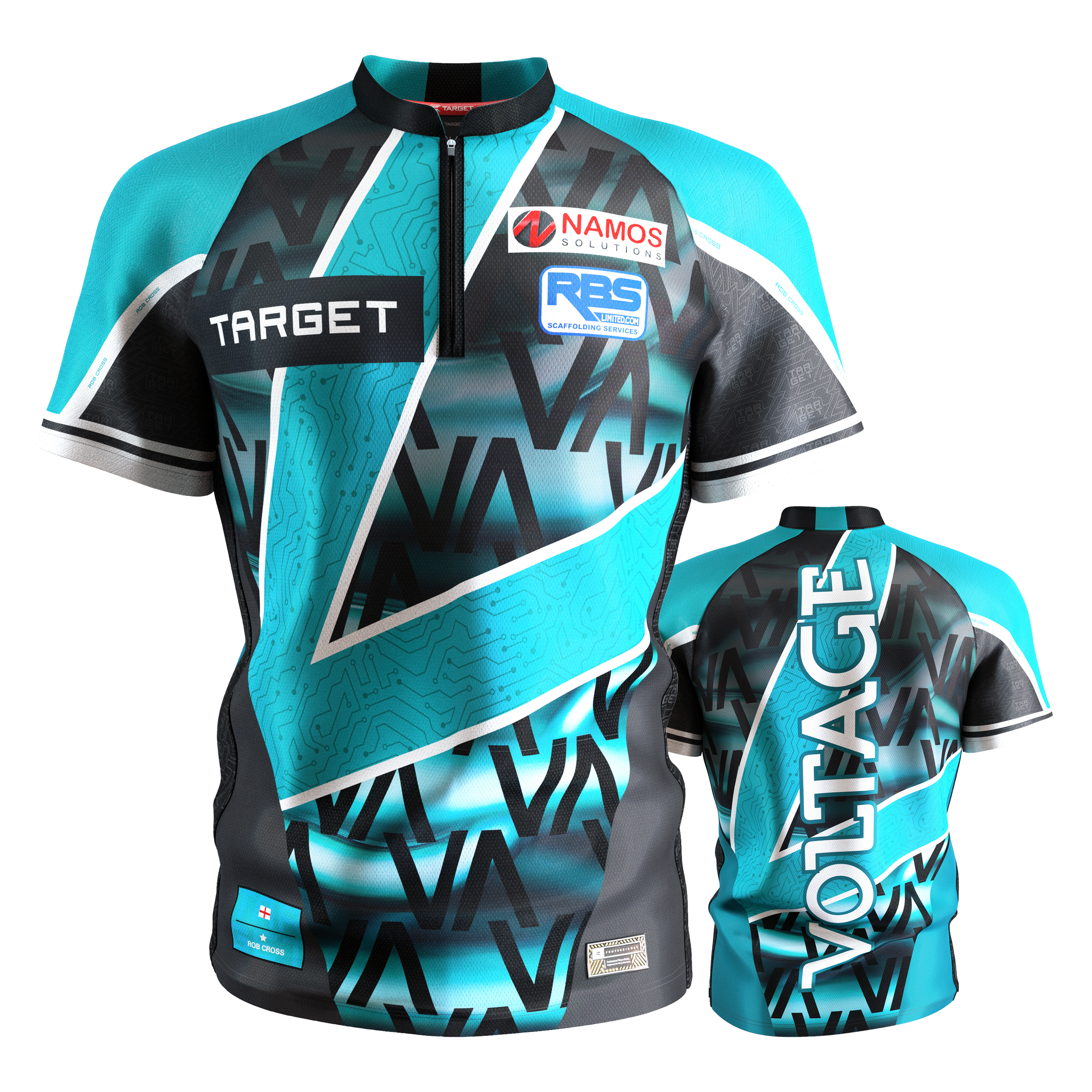 Das Bild zeigt das "Target Coolplay Rob Cross 2025 Dartshirt" in den Farben Türkis, Schwarz und Weiß mit modernen Mustern. Auf der Vorderseite sind Sponsorenlogos und auf der Rückseite steht groß das Wort "VOLTAGE".